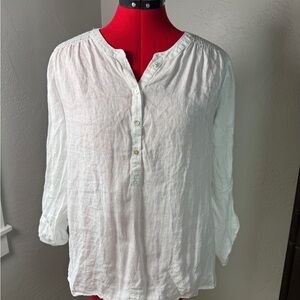 Sigrid Olsen Lagenlook 100% Linen White Long Sleeve Henley Top  Size M